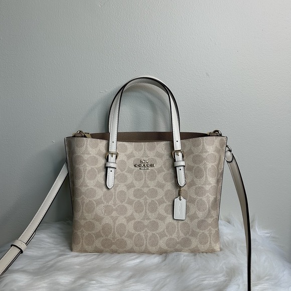 Coach Handbags - Coach Mollie Tote 25 Sand Chalk Signature Canvas Leather Bag NEW